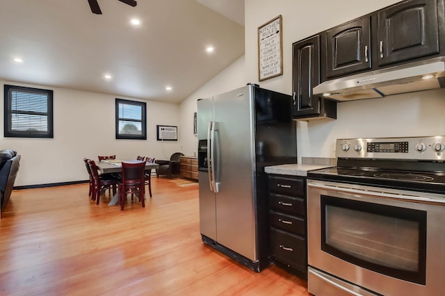 324 Douglas St, Chetek, WI 54728 - kitchen with stainless steel appliances, under cabinet range hood, light wood-type flooring, light countertops, and a ceiling fan