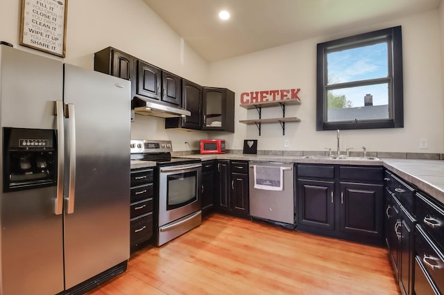324 Douglas St, Chetek, WI 54728 - kitchen featuring appliances with stainless steel finishes, a sink, under cabinet range hood, light wood-type flooring, and open shelves