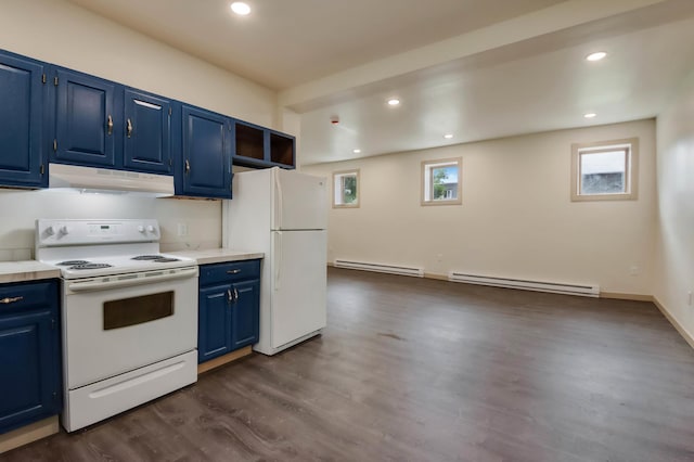324 Douglas St, Chetek, WI 54728 - kitchen featuring white appliances, baseboard heating, blue cabinetry, under cabinet range hood, and recessed lighting