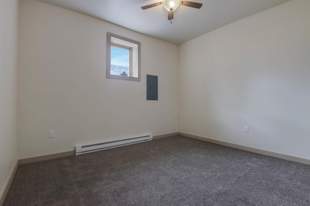 324 Douglas St, Chetek, WI 54728 - carpeted empty room featuring a baseboard heating unit, electric panel, a ceiling fan, and baseboards