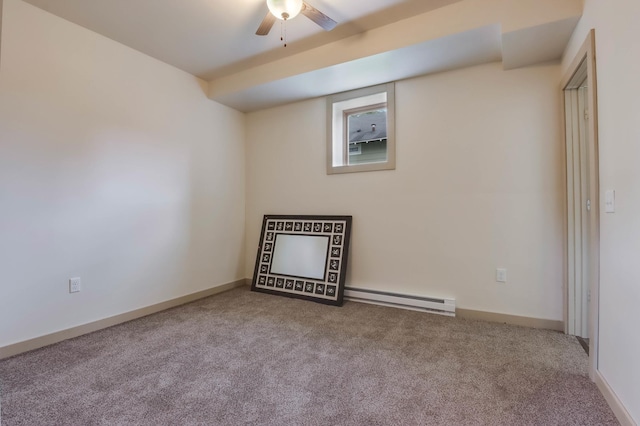 324 Douglas St, Chetek, WI 54728 - unfurnished living room with baseboard heating, carpet, a ceiling fan, and baseboards
