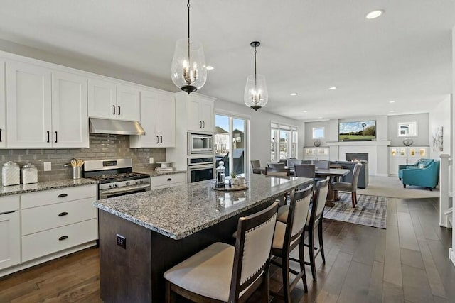11686 32nd St N, Lake Elmo, MN 55042 - kitchen featuring appliances with stainless steel finishes, under cabinet range hood, white cabinets, dark wood-type flooring, and recessed lighting