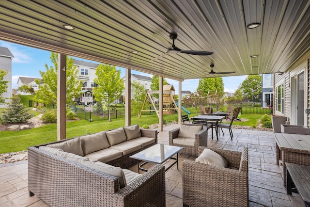 11686 32nd St N, Lake Elmo, MN 55042 - view of patio / terrace with an outdoor living space, a playground, and outdoor dining space