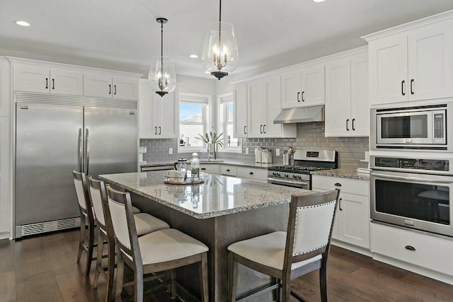 11686 32nd St N, Lake Elmo, MN 55042 - kitchen with built in appliances, under cabinet range hood, recessed lighting, dark wood-style floors, and white cabinetry
