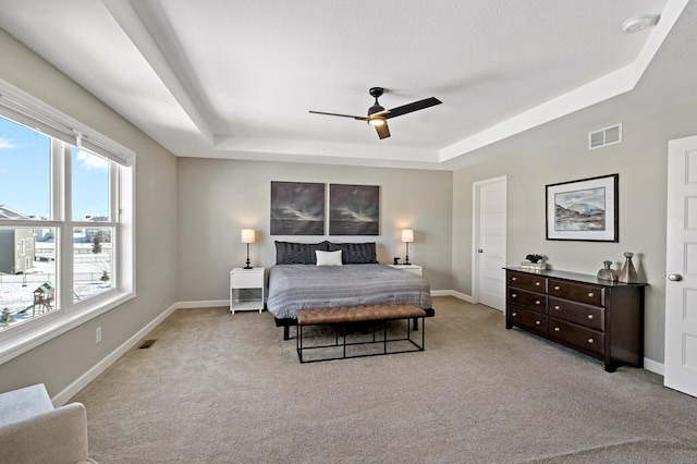 11686 32nd St N, Lake Elmo, MN 55042 - bedroom featuring a tray ceiling, carpet flooring, baseboards, and ceiling fan