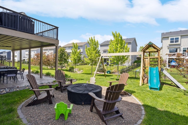 11686 32nd St N, Lake Elmo, MN 55042 - view of yard featuring an outdoor fire pit, a patio, and a residential view