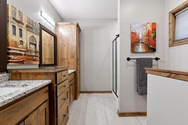 525 Roanoke Ct, Waconia, MN 55387 - bathroom with wood finished floors, a shower stall, vanity, and baseboards