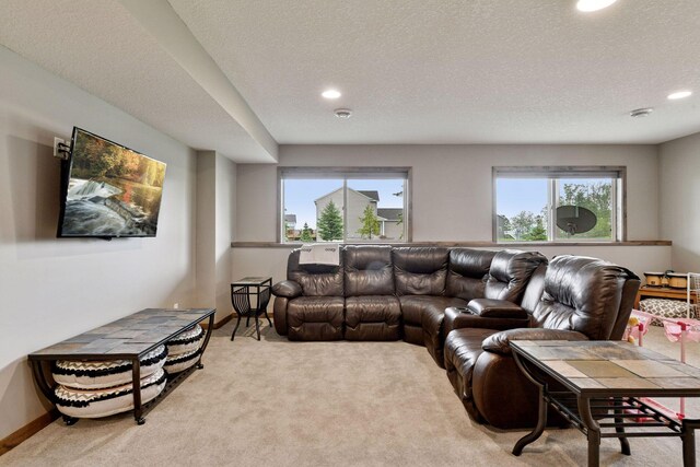 525 Roanoke Ct, Waconia, MN 55387 - living room with recessed lighting, carpet flooring, healthy amount of natural light, baseboards, and a textured ceiling