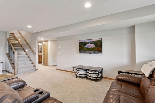 525 Roanoke Ct, Waconia, MN 55387 - living area with carpet flooring, stairway, baseboards, and recessed lighting