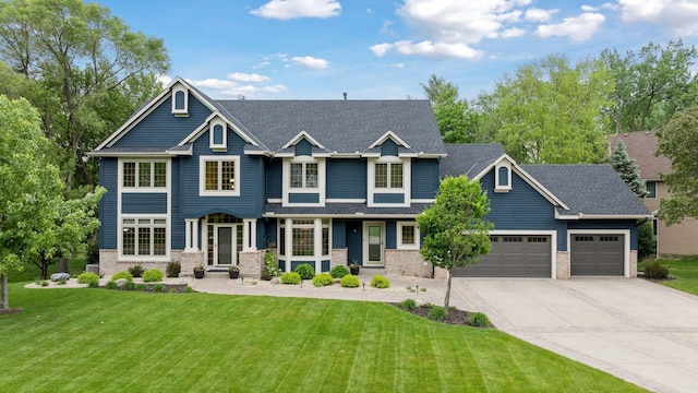 18172 Tamarack Dr, Minnetonka, MN 55345 - craftsman-style home with concrete driveway, a garage, a front yard, a shingled roof, and brick siding