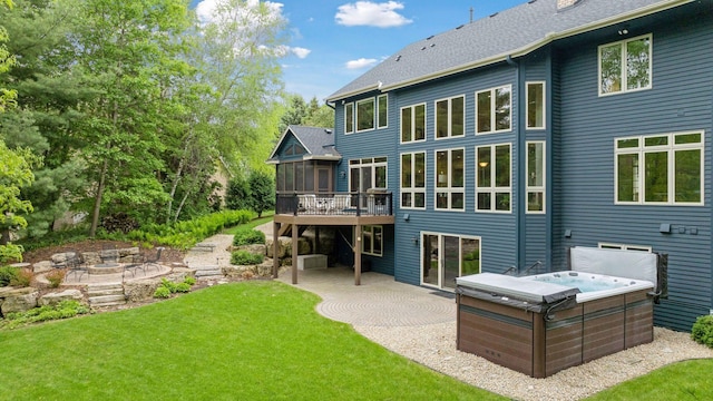 18172 Tamarack Dr, Minnetonka, MN 55345 - rear view of house with a hot tub, a patio, a deck, and a yard