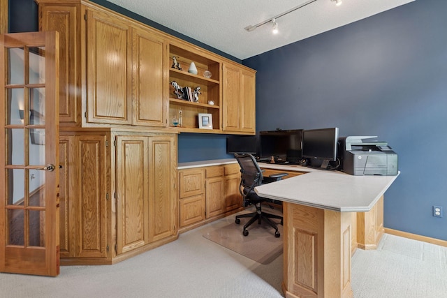 18172 Tamarack Dr, Minnetonka, MN 55345 - home office with light carpet, built in desk, track lighting, and a textured ceiling