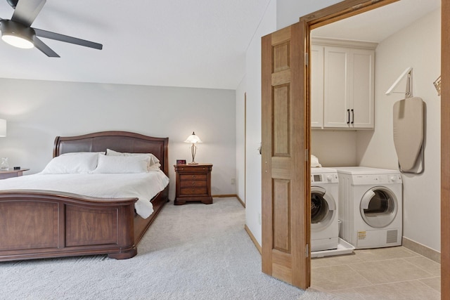 18172 Tamarack Dr, Minnetonka, MN 55345 - bedroom with independent washer and dryer, baseboards, ceiling fan, and light colored carpet