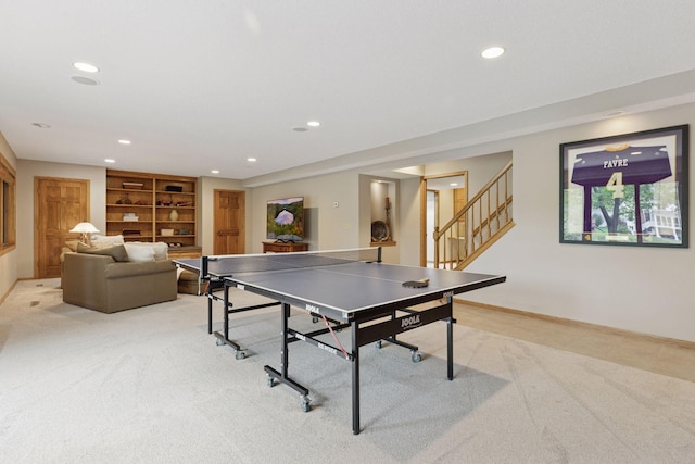 18172 Tamarack Dr, Minnetonka, MN 55345 - game room with light colored carpet, recessed lighting, baseboards, and built in features