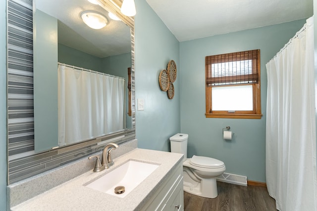 311 Wisconsin St, Lake City, MN 55041 - bathroom featuring wood finished floors, vanity, toilet, backsplash, and baseboards