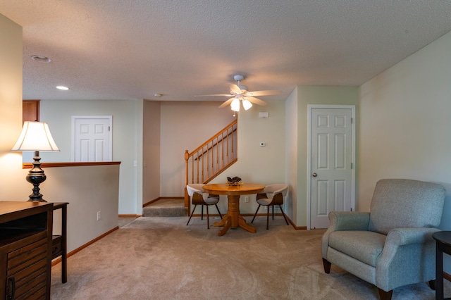 4960 149th St N Unit 6, Hugo, MN 55038 - living area featuring stairs, carpet floors, baseboards, ceiling fan, and a textured ceiling