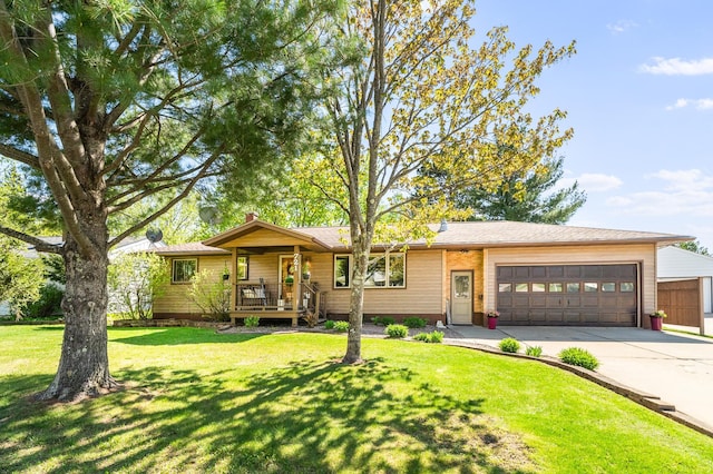 721 Maple Dr, Aurora, MN 55705 - ranch-style house featuring an attached garage, driveway, a front lawn, and a porch
