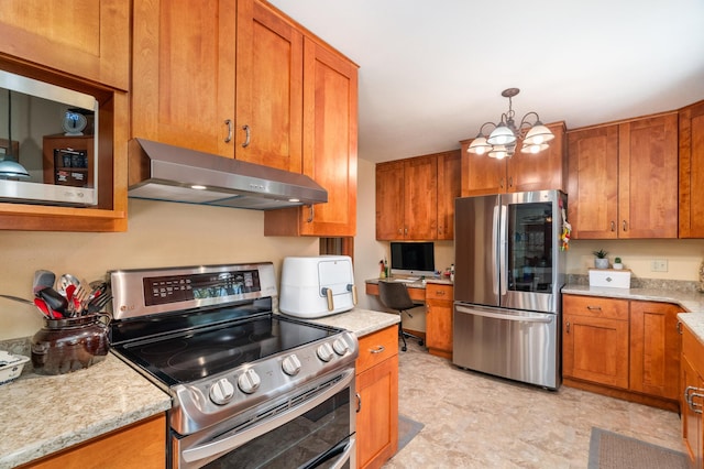 721 Maple Dr, Aurora, MN 55705 - kitchen featuring stainless steel appliances, under cabinet range hood, brown cabinets, a chandelier, and pendant lighting