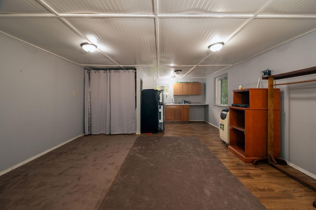 614 S Shore Dr S, Windom, MN 56101 - below grade area with baseboards, freestanding refrigerator, a sink, and dark wood-style floors