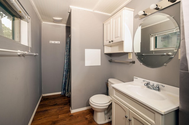 614 S Shore Dr S, Windom, MN 56101 - full bath featuring toilet, wood finished floors, vanity, baseboards, and a shower with curtain