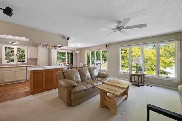 17915 17th Ave N, Plymouth, MN 55447 - living area featuring light colored carpet, a textured ceiling, and a ceiling fan