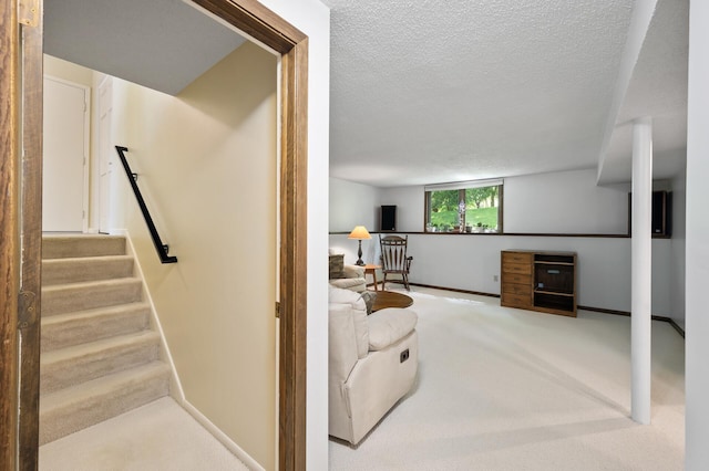 17915 17th Ave N, Plymouth, MN 55447 - carpeted living room featuring baseboards, stairs, and a textured ceiling