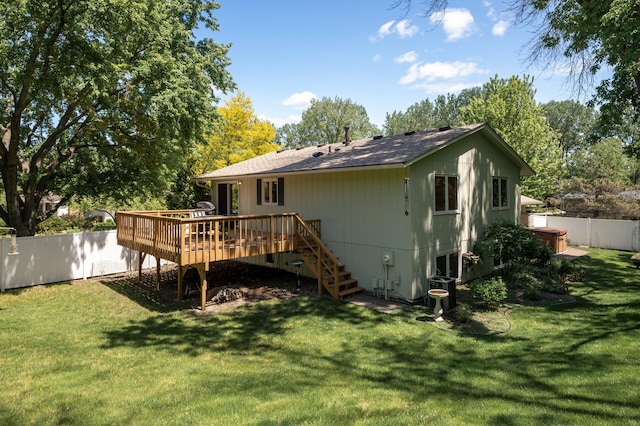 17915 17th Ave N, Plymouth, MN 55447 - rear view of property featuring a deck, stairs, a hot tub, roof with shingles, and view of scattered trees