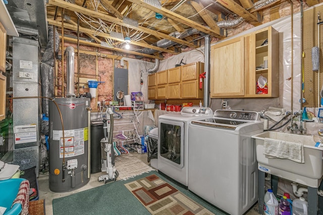 28610 Bay Shore Dr NW, Isanti, MN 55040 - laundry area featuring gas water heater, separate washer and dryer, cabinet space, and electric panel