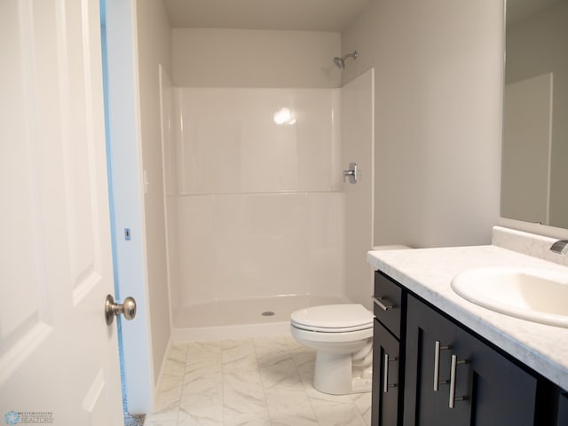 6325 83rd Ave S, Horace, ND 58047 - bathroom featuring marble look tile flooring, vanity, toilet, and a shower