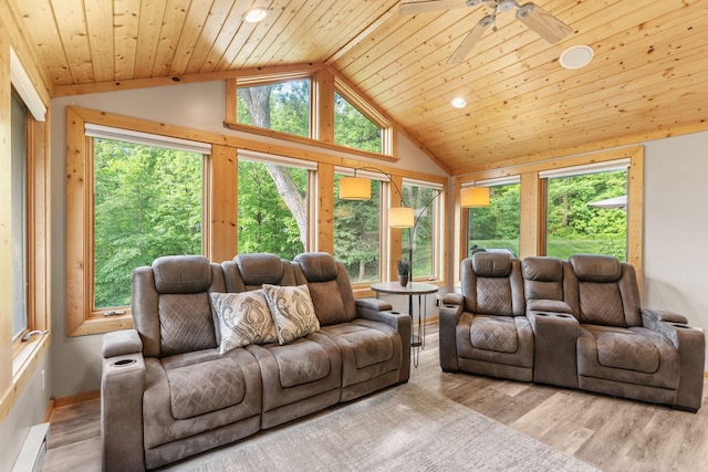 8150 Wildwood Rd, Laketown Twp, MN 55387 - living room with lofted ceiling, a ceiling fan, recessed lighting, wood finished floors, and baseboard heating
