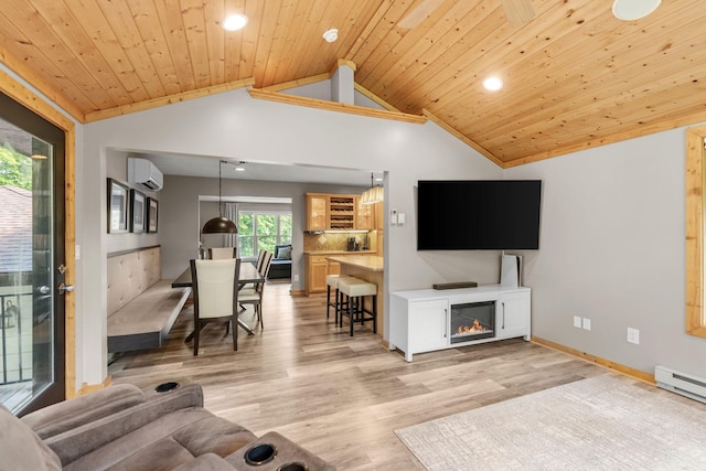 8150 Wildwood Rd, Laketown Twp, MN 55387 - living room featuring lofted ceiling, a baseboard radiator, a wall mounted air conditioner, wooden ceiling, and light wood-type flooring