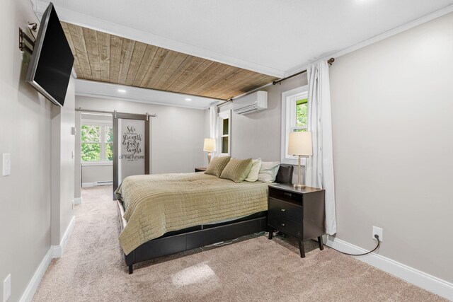 8150 Wildwood Rd, Laketown Twp, MN 55387 - bedroom with an AC wall unit, light colored carpet, baseboards, recessed lighting, and wood ceiling