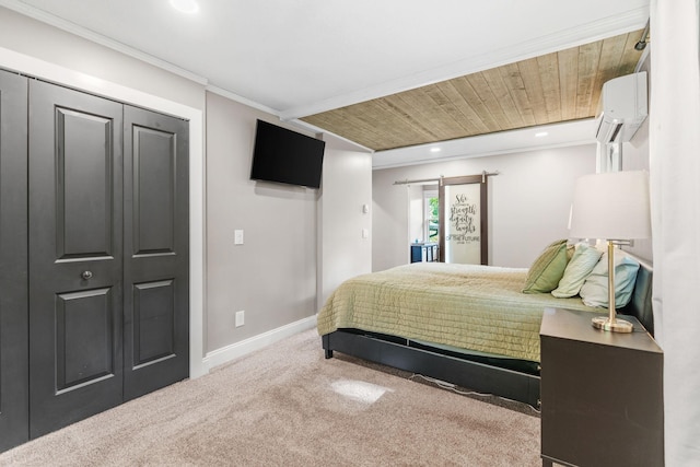 8150 Wildwood Rd, Laketown Twp, MN 55387 - carpeted bedroom featuring a wall mounted AC, baseboards, a barn door, crown molding, and recessed lighting