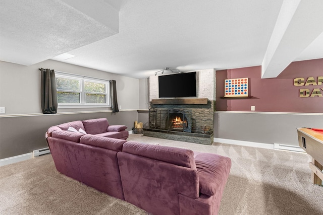 8150 Wildwood Rd, Laketown Twp, MN 55387 - living room featuring carpet, baseboard heating, a fireplace, baseboards, and a textured ceiling