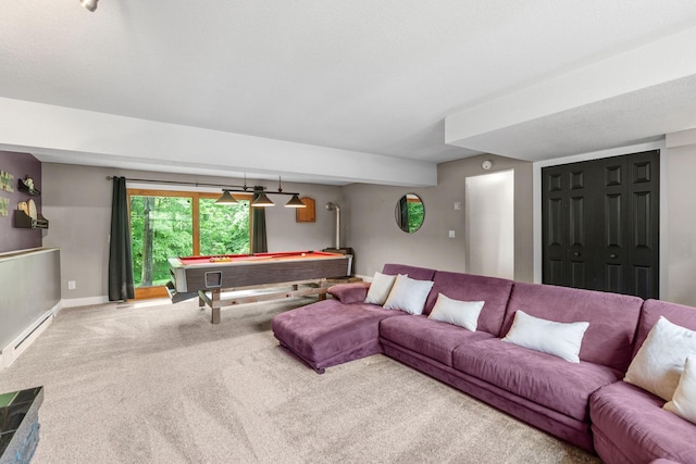 8150 Wildwood Rd, Laketown Twp, MN 55387 - living area with carpet flooring, billiards, baseboard heating, and baseboards