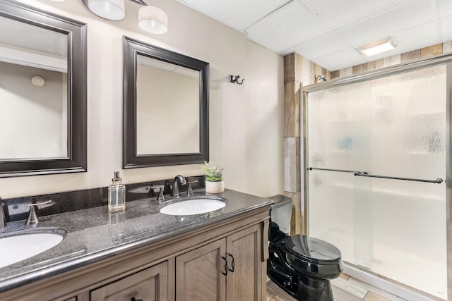 8150 Wildwood Rd, Laketown Twp, MN 55387 - bathroom with double vanity, a stall shower, toilet, and a drop ceiling