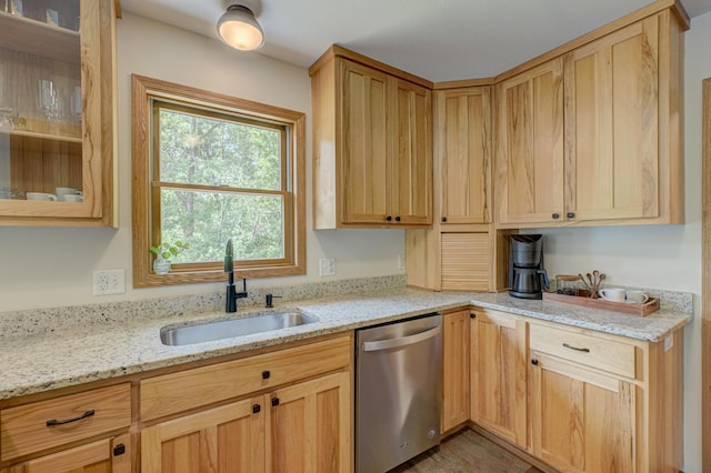 1312 County Road V, Saint Joseph Twp, WI 54016 - kitchen with dishwasher, a sink, light stone countertops, and light brown cabinets