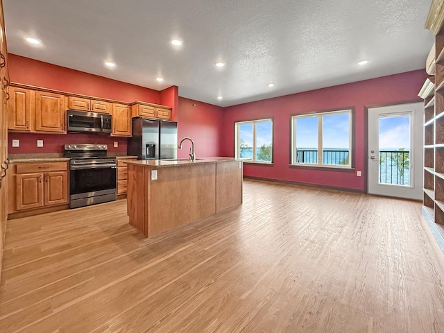 715 Lake Shore Dr NE Unit 214, Bemidji, MN 56601 - kitchen with stainless steel appliances, open floor plan, a sink, light wood-style flooring, and a center island with sink