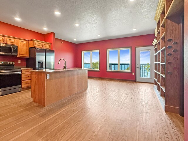 715 Lake Shore Dr NE Unit 214, Bemidji, MN 56601 - kitchen with appliances with stainless steel finishes, a sink, open floor plan, light wood-style floors, and a textured ceiling