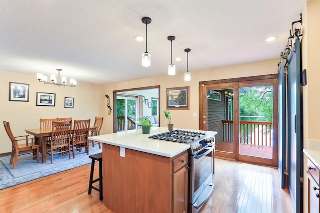10432 102nd Pl, Maple Grove, MN 55369 - kitchen with stainless steel range with gas cooktop, healthy amount of natural light, light wood-style floors, a chandelier, and recessed lighting