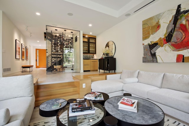 living room featuring recessed lighting