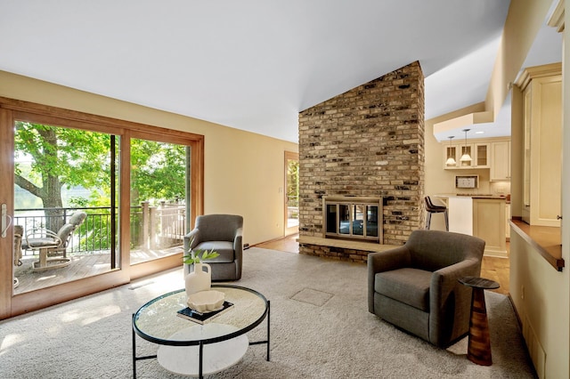 451 Reflection Rd, Apple Valley, MN 55124 - living room with a brick fireplace, lofted ceiling, and light carpet