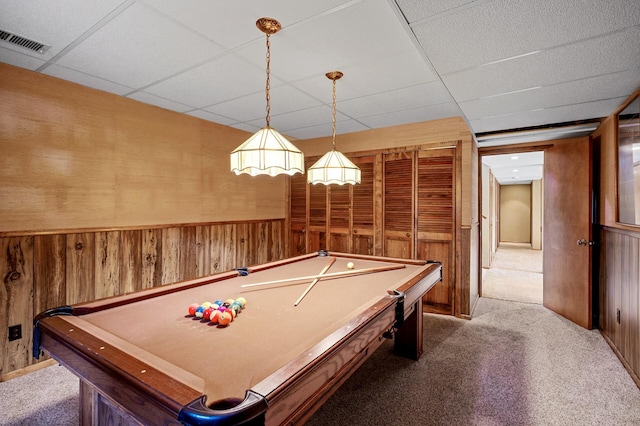 451 Reflection Rd, Apple Valley, MN 55124 - recreation room with wood walls, a paneled ceiling, pool table, and carpet flooring