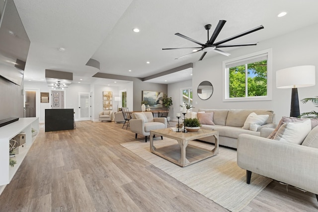 406 Mulberry St W, Stillwater, MN 55082 - living area featuring light wood-style flooring, a ceiling fan, recessed lighting, and baseboards