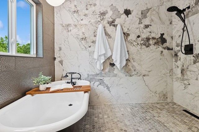 406 Mulberry St W, Stillwater, MN 55082 - bathroom featuring a soaking tub, tile walls, and a tile shower