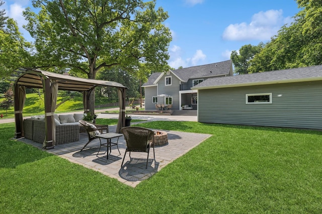 406 Mulberry St W, Stillwater, MN 55082 - view of green lawn featuring a gazebo, an outdoor living space with a fire pit, and a patio area