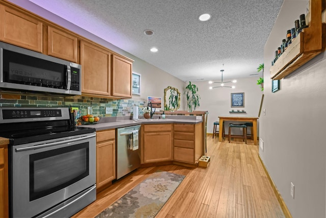 367 Ojibway Path, Lino Lakes, MN 55014 - kitchen featuring appliances with stainless steel finishes, a textured ceiling, a peninsula, backsplash, and baseboards