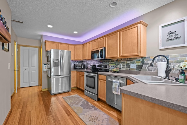 367 Ojibway Path, Lino Lakes, MN 55014 - kitchen featuring appliances with stainless steel finishes, a sink, a textured ceiling, light wood finished floors, and tasteful backsplash