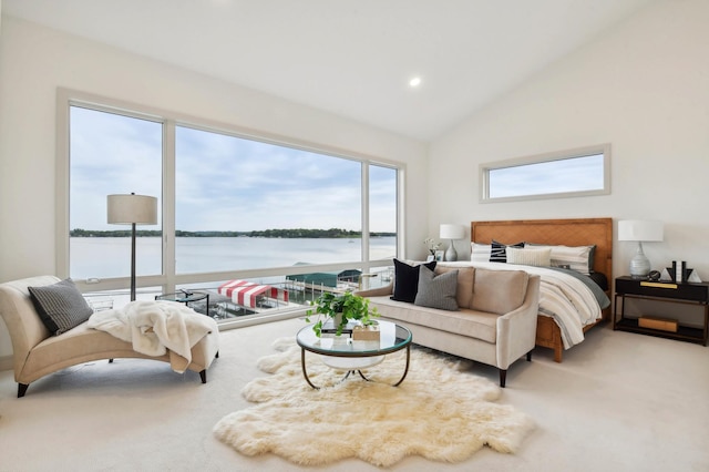 carpeted bedroom featuring a water view, recessed lighting, and high vaulted ceiling