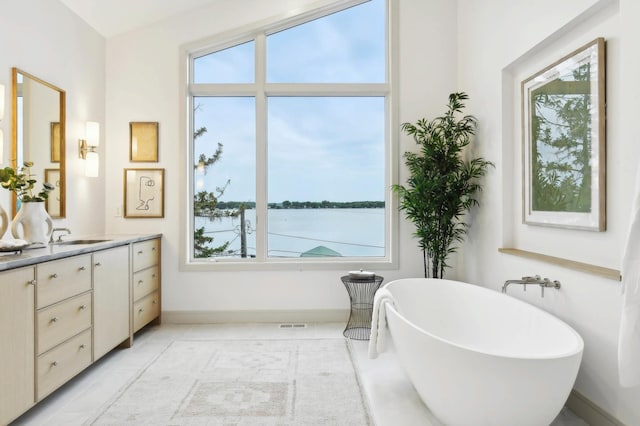 full bathroom with vanity, baseboards, a soaking tub, and plenty of natural light